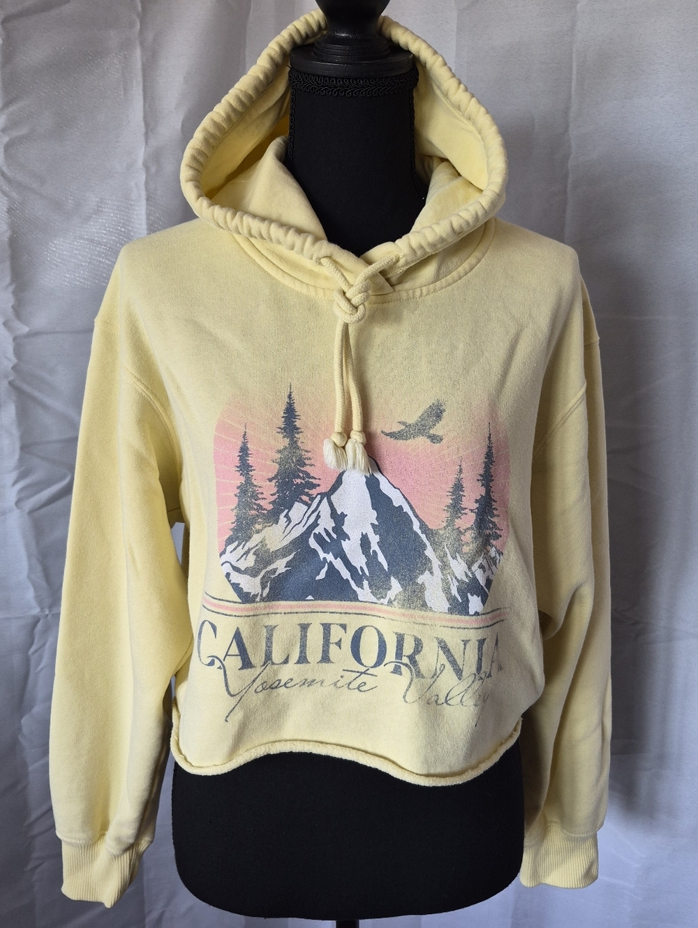 Hollister California Cropped Yellow Hoodie Sweatshirt Sz Med Raw Edge Y2K